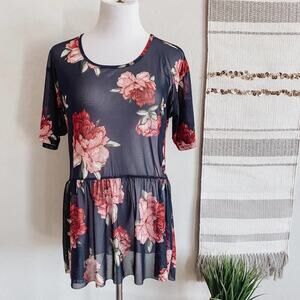 Piphany Sheer Mesh Floral Babydoll Peplum Top